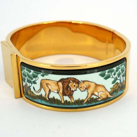 Hermes Click Cluck GM Bangle, GP Plated, Cloisonne, Gold, Green, Multicolor, ... - Picture 10 of 10